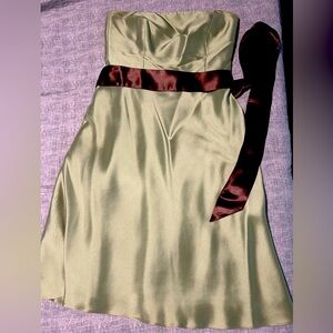 Ann Taylor strapless green satin Bridesmaid dress with brown sash Size 8